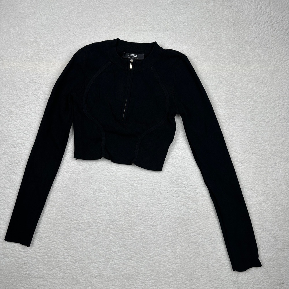 Hera Collection Women's Black Ribbed Knit Quarter Zip‎ Cropped Sweater Size M